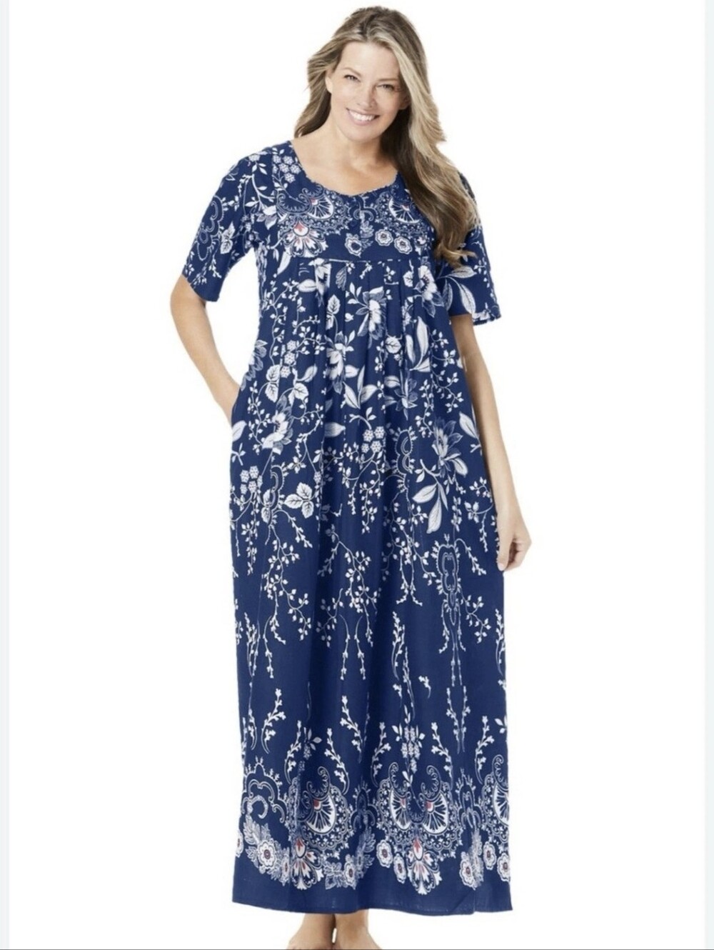 Womens Only Necessities Navy Blue Floral Cotton House Dress Lounge Gown Retro Sz
